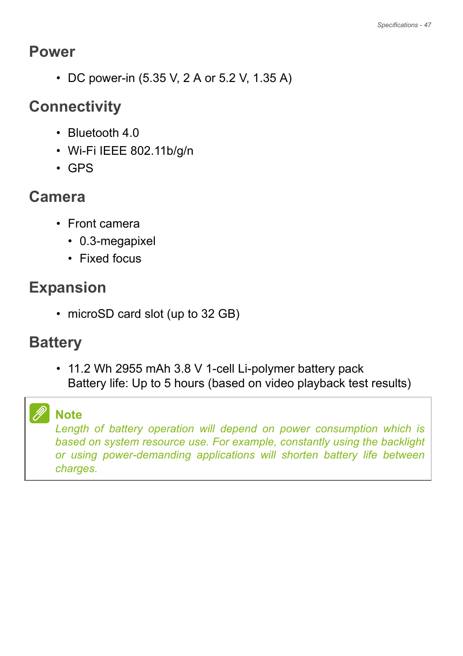 Power, Connectivity, Camera | Expansion, Battery | Acer B1-720 User Manual | Page 47 / 52