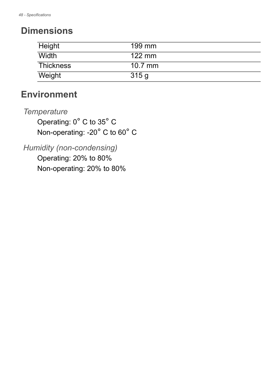 Dimensions, Environment | Acer B1-720 User Manual | Page 48 / 52