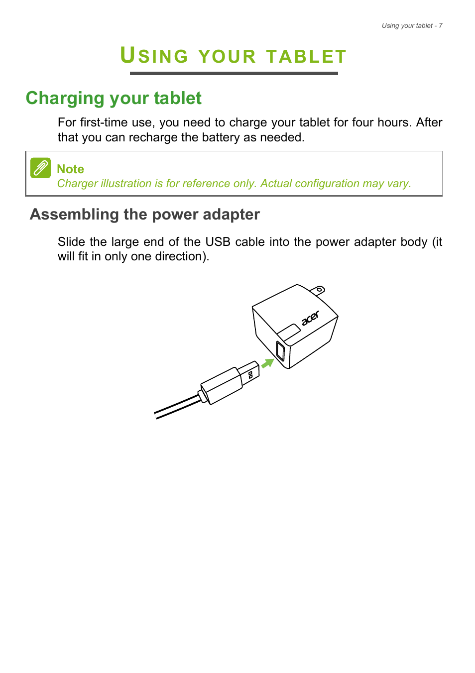 Using your tablet, Charging your tablet, Assembling the power adapter | Sing, Your, Tablet charging your tablet | Acer B1-720 User Manual | Page 7 / 52