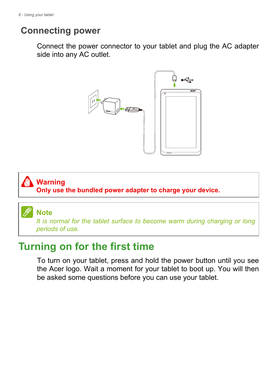 Connecting power, Turning on for the first time | Acer B1-720 User Manual | Page 8 / 52