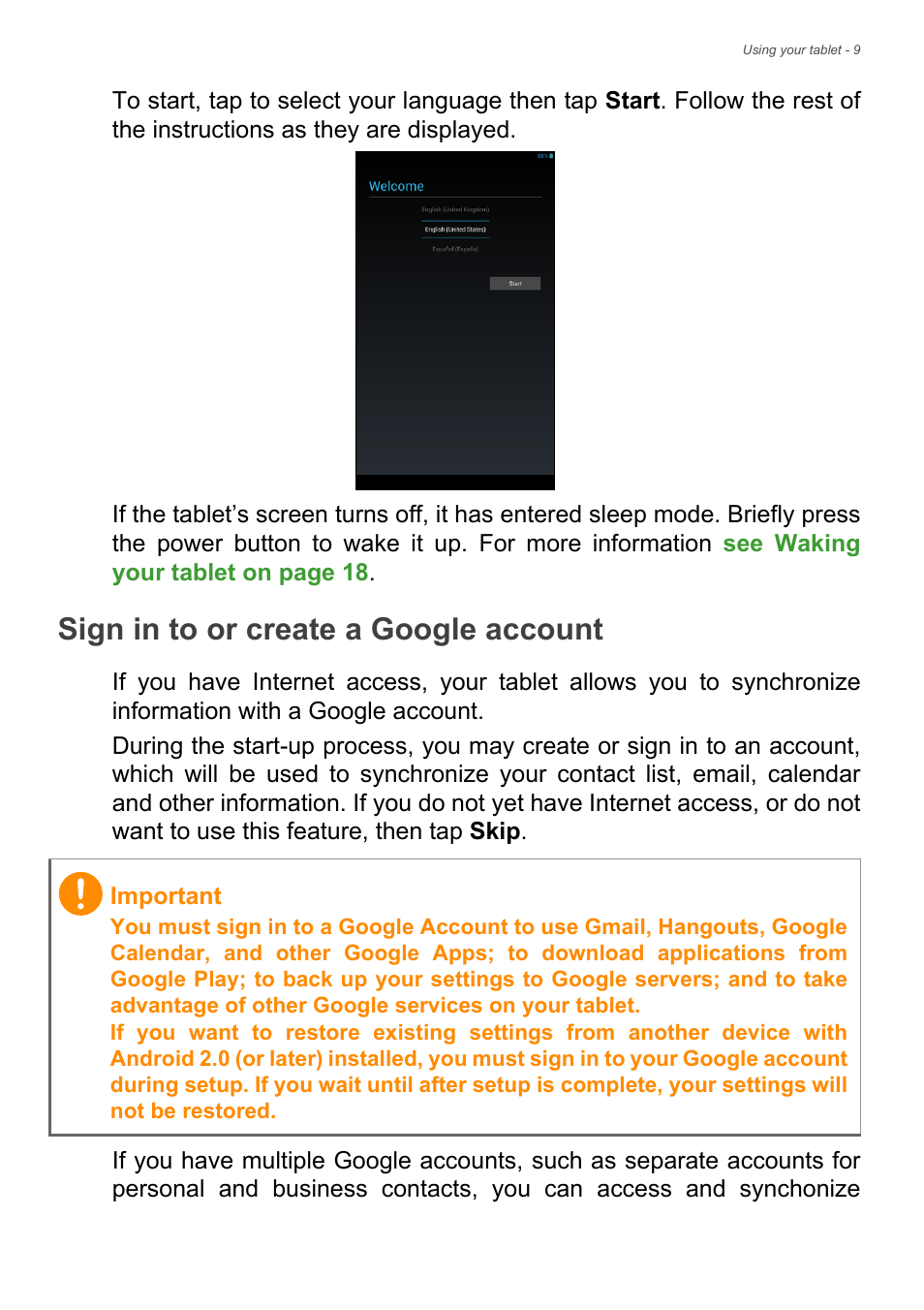 Sign in to or create a google account | Acer B1-720 User Manual | Page 9 / 52