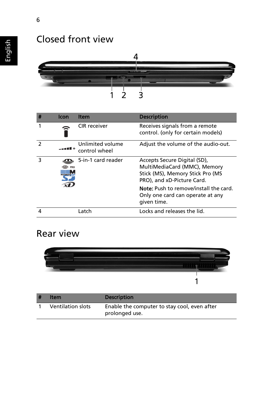 Closed front view, Rear view, Closed front view rear view | Acer Aspire 7730 User Manual | Page 6 / 12
