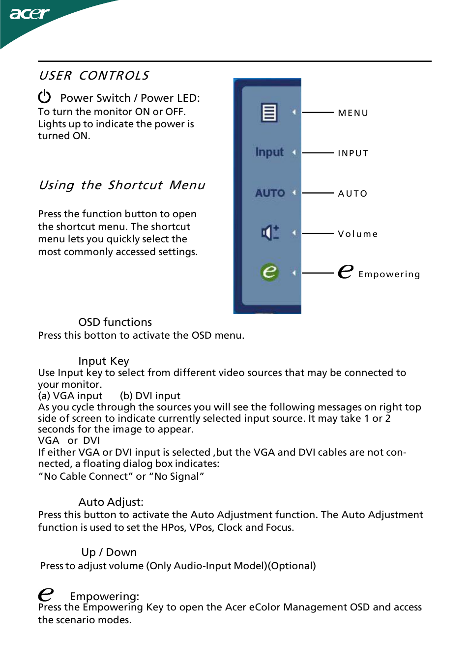 User controls, Using the shortcut menu | Acer H193WV User Manual | Page 14 / 23