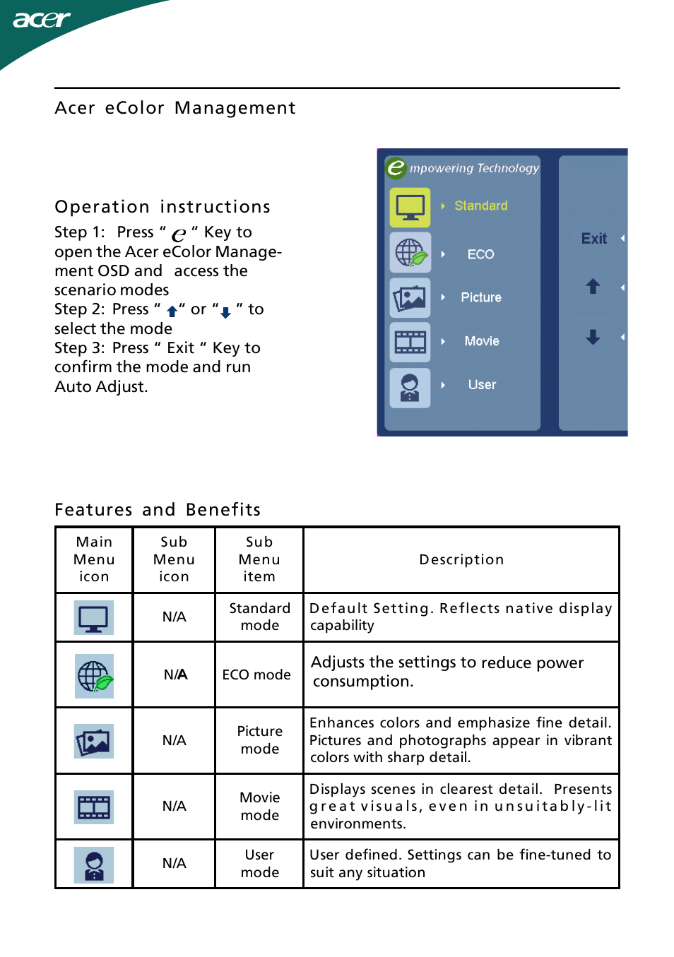 Acer ecolor management operation instructions, Features and benefits | Acer H193WV User Manual | Page 15 / 23