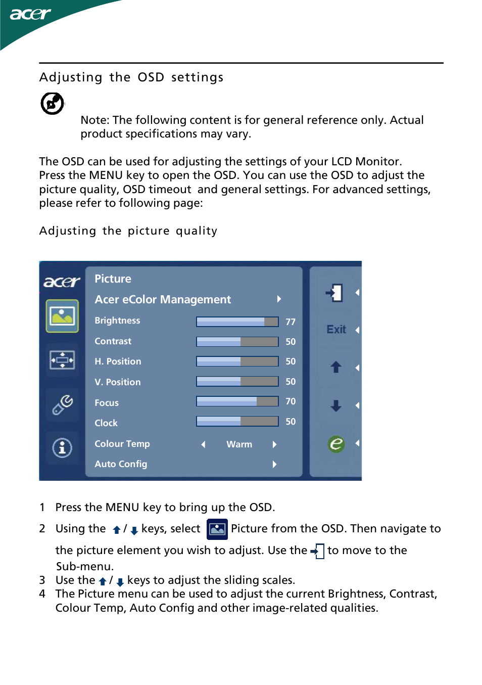 Adjusting the osd settings | Acer H193WV User Manual | Page 16 / 23