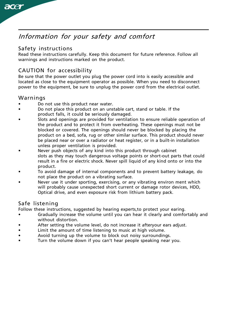 Information for your safety and, Comfort | Acer H193WV User Manual | Page 3 / 23