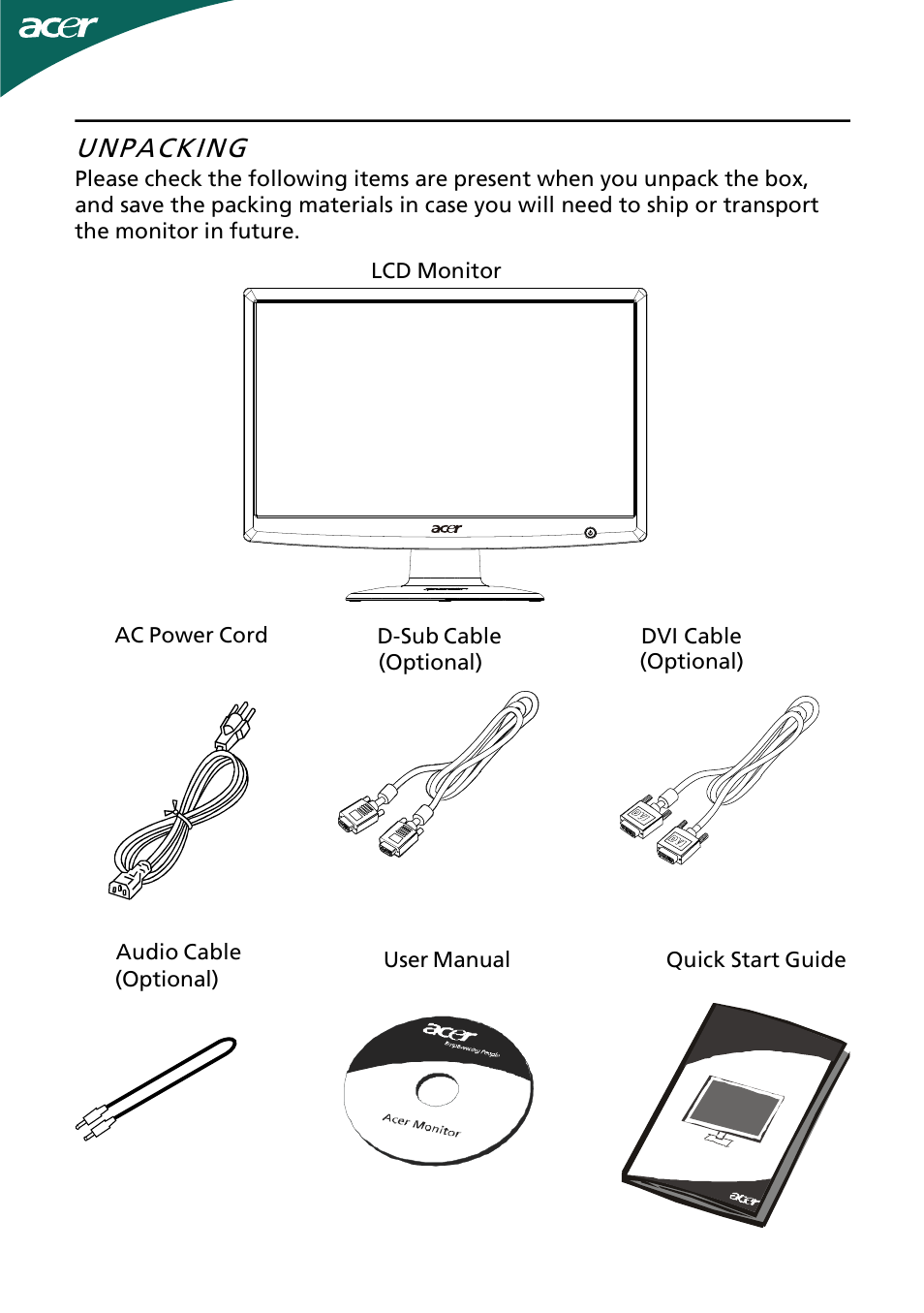 Unpacking | Acer H193WV User Manual | Page 6 / 23