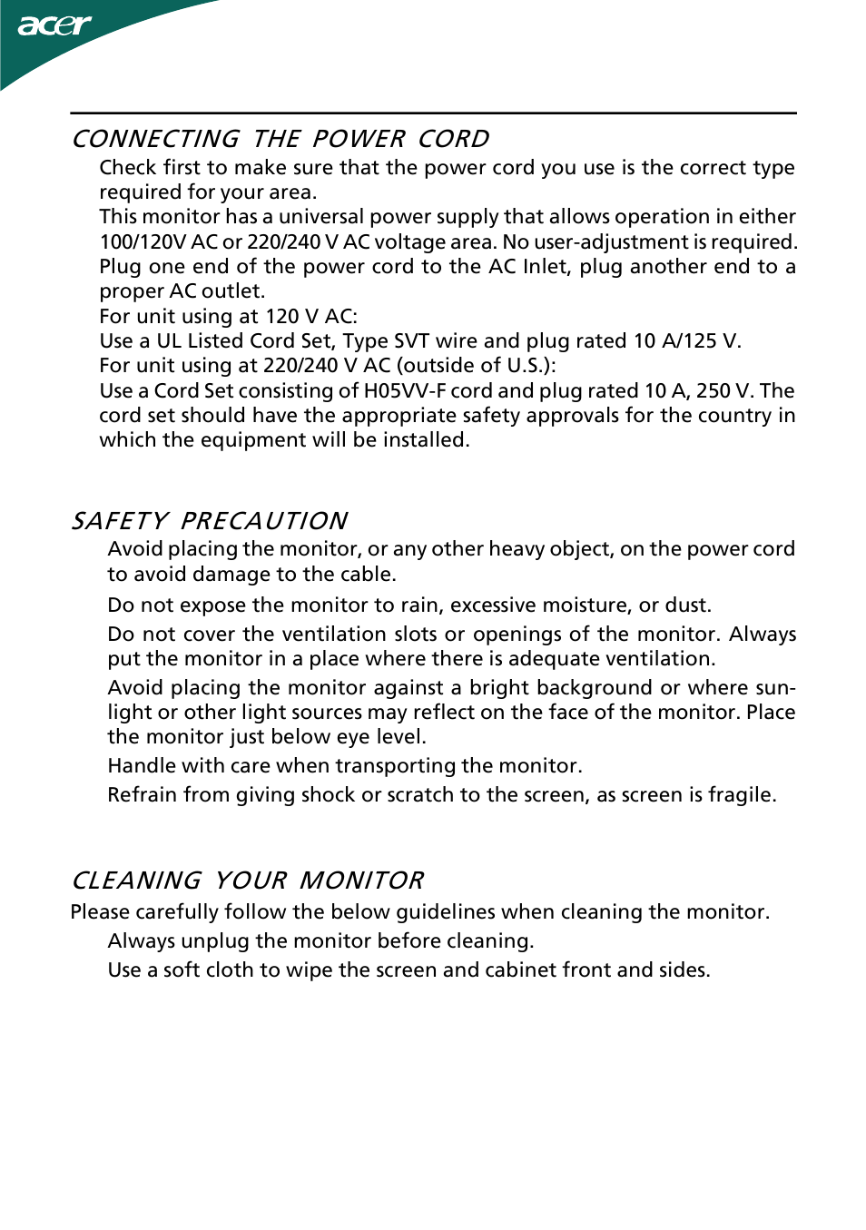 Connecting the power cord, Safety precaution, Cleaning your monitor | Acer H193WV User Manual | Page 8 / 23