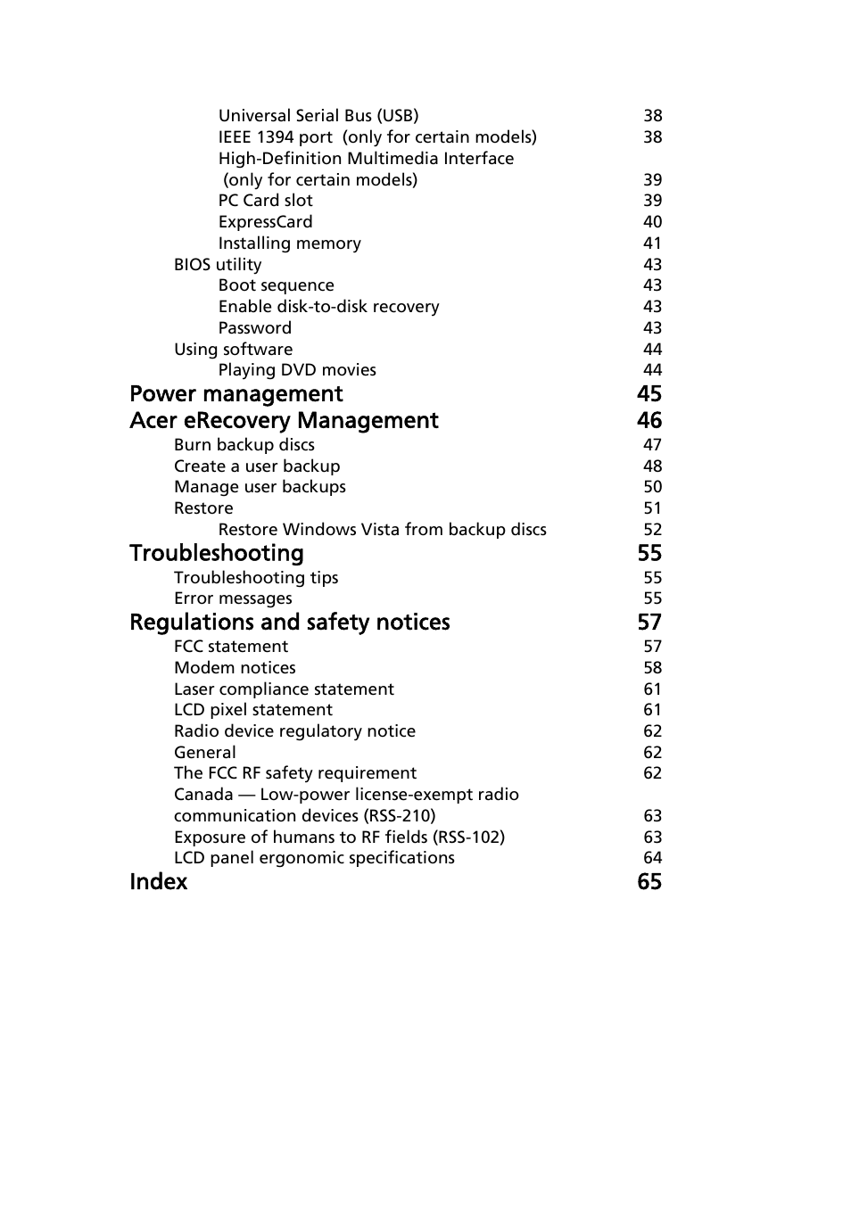 Power management 45 acer erecovery management 46, Troubleshooting 55, Regulations and safety notices 57 | Index 65 | Acer TravelMate 4335 User Manual | Page 19 / 86