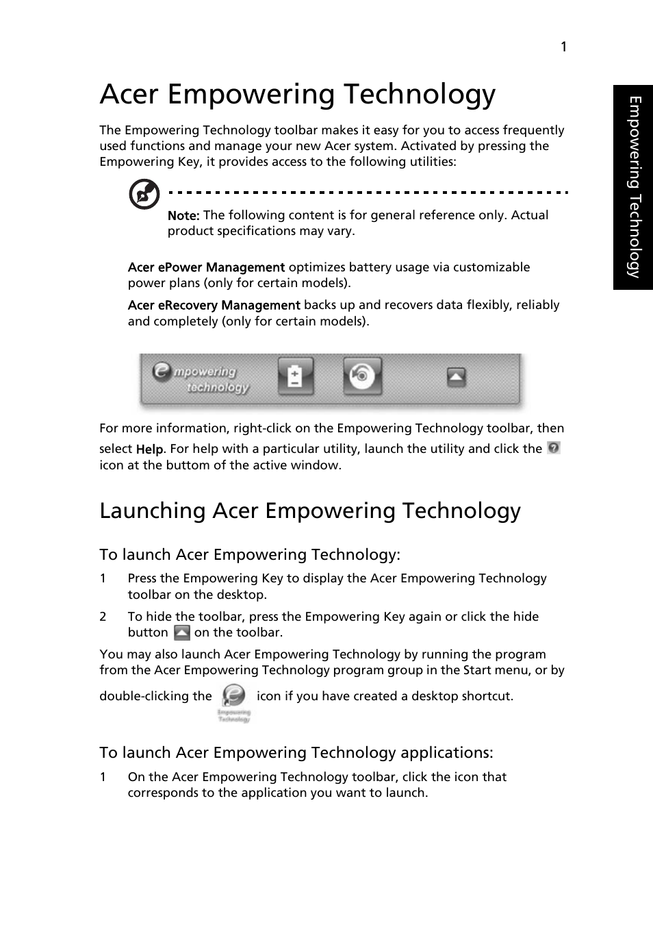 Acer empowering technology, Launching acer empowering technology | Acer TravelMate 4335 User Manual | Page 21 / 86