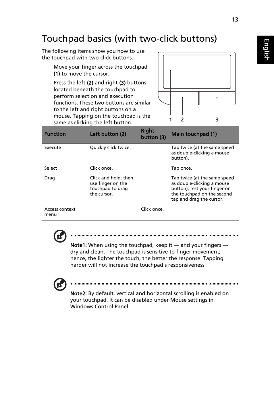 Touchpad basics (with two-click buttons), Eng lis h | Acer TravelMate 4335 User Manual | Page 33 / 86