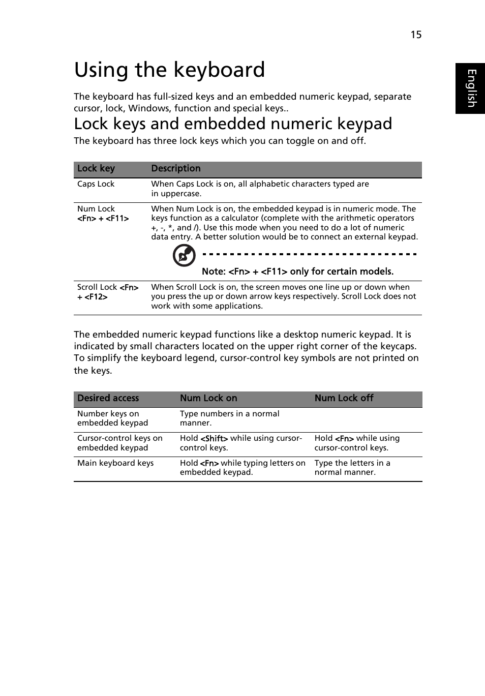 Using the keyboard, Lock keys and embedded numeric keypad, Eng lis h | Acer TravelMate 4335 User Manual | Page 35 / 86