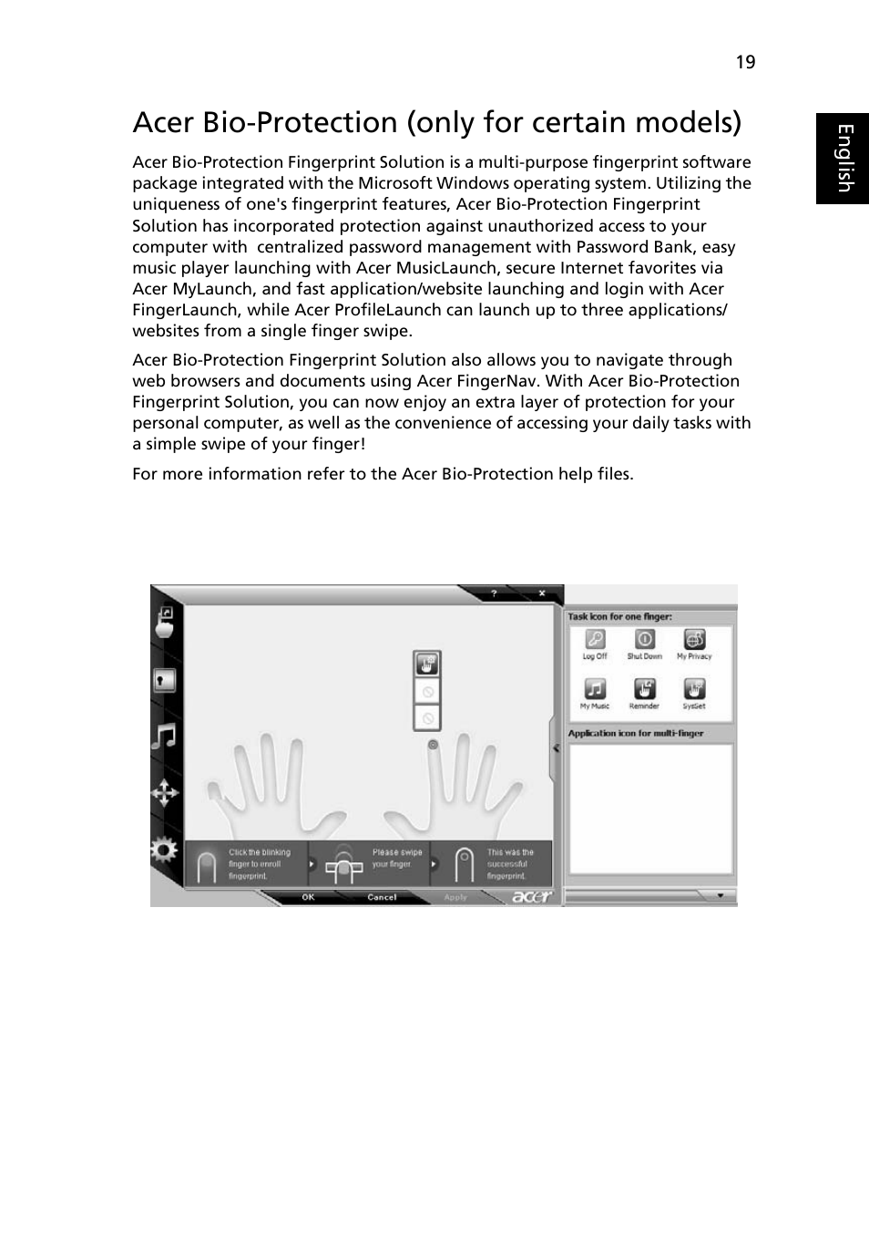 Acer bio-protection (only for certain models) | Acer TravelMate 4335 User Manual | Page 39 / 86