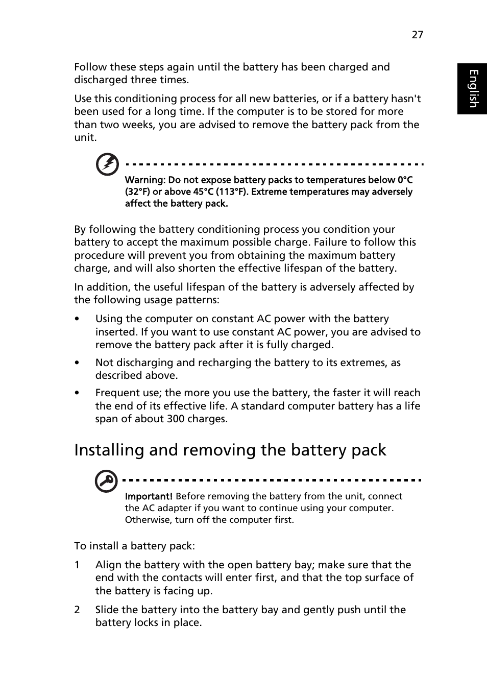 Installing and removing the battery pack | Acer TravelMate 4335 User Manual | Page 47 / 86