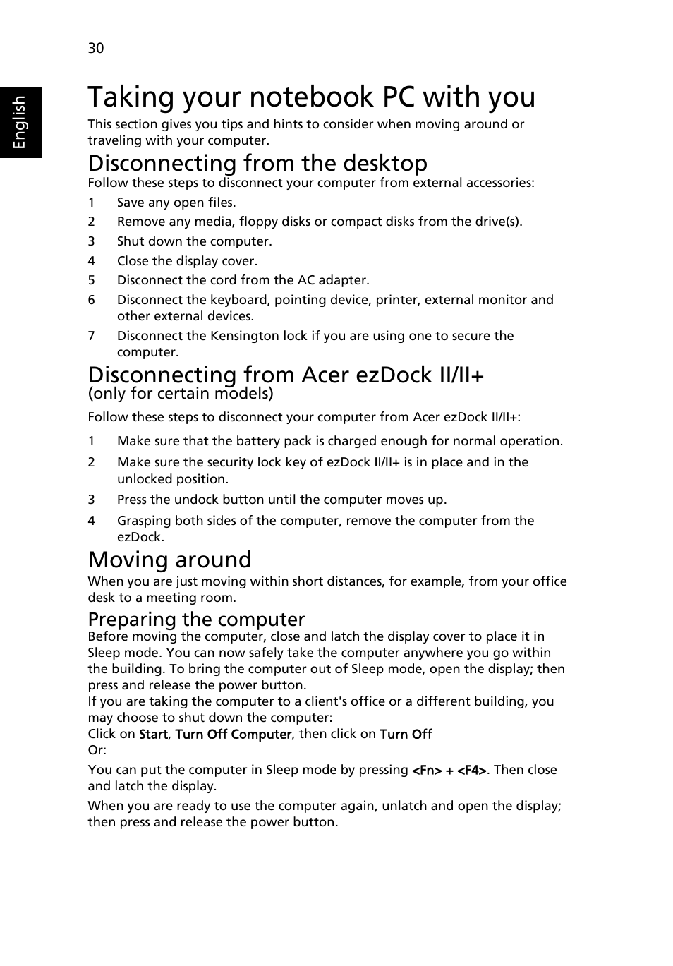 Taking your notebook pc with you, Disconnecting from the desktop, Disconnecting from acer ezdock ii/ii | Moving around, Preparing the computer | Acer TravelMate 4335 User Manual | Page 50 / 86