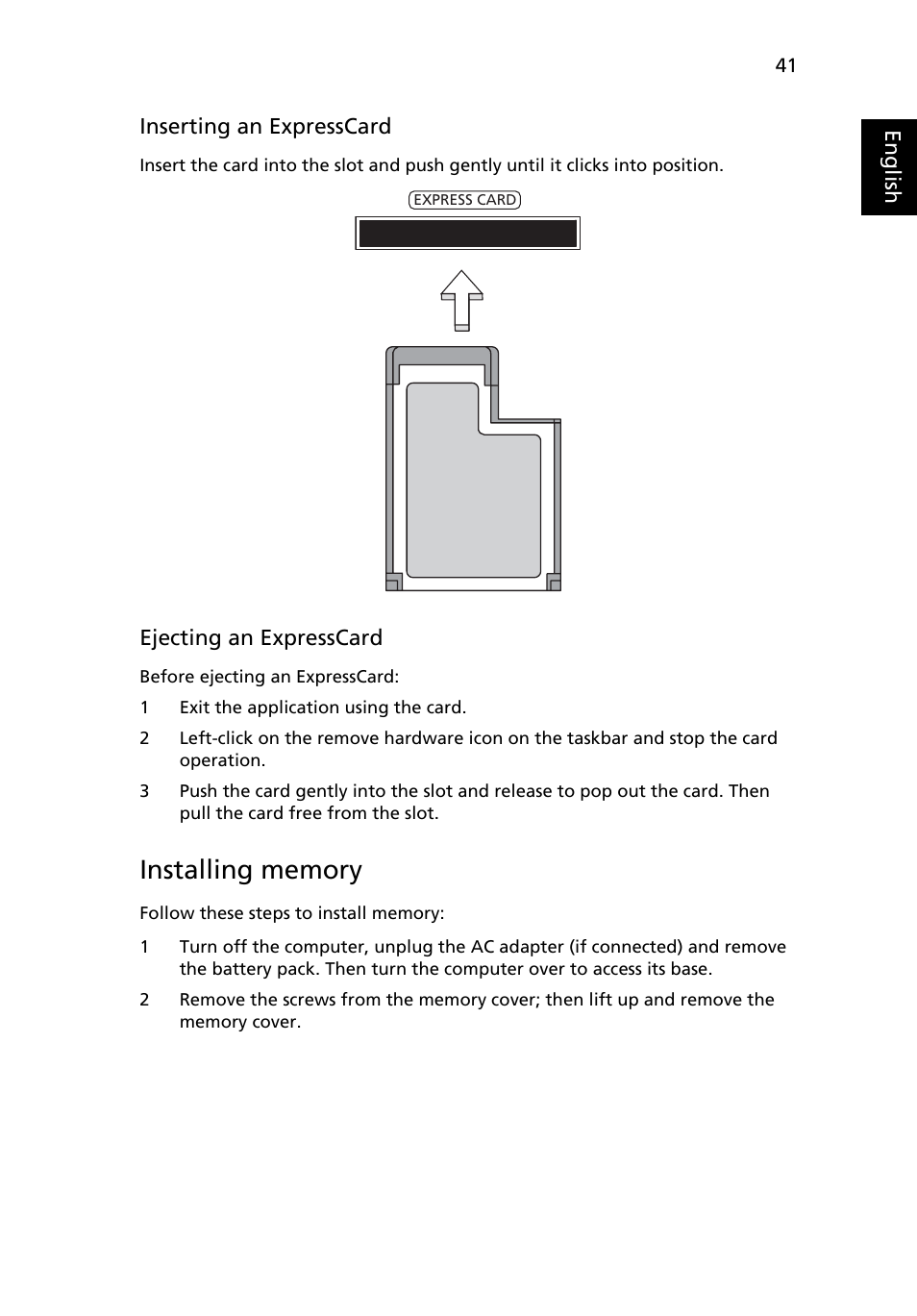 Installing memory | Acer TravelMate 4335 User Manual | Page 61 / 86