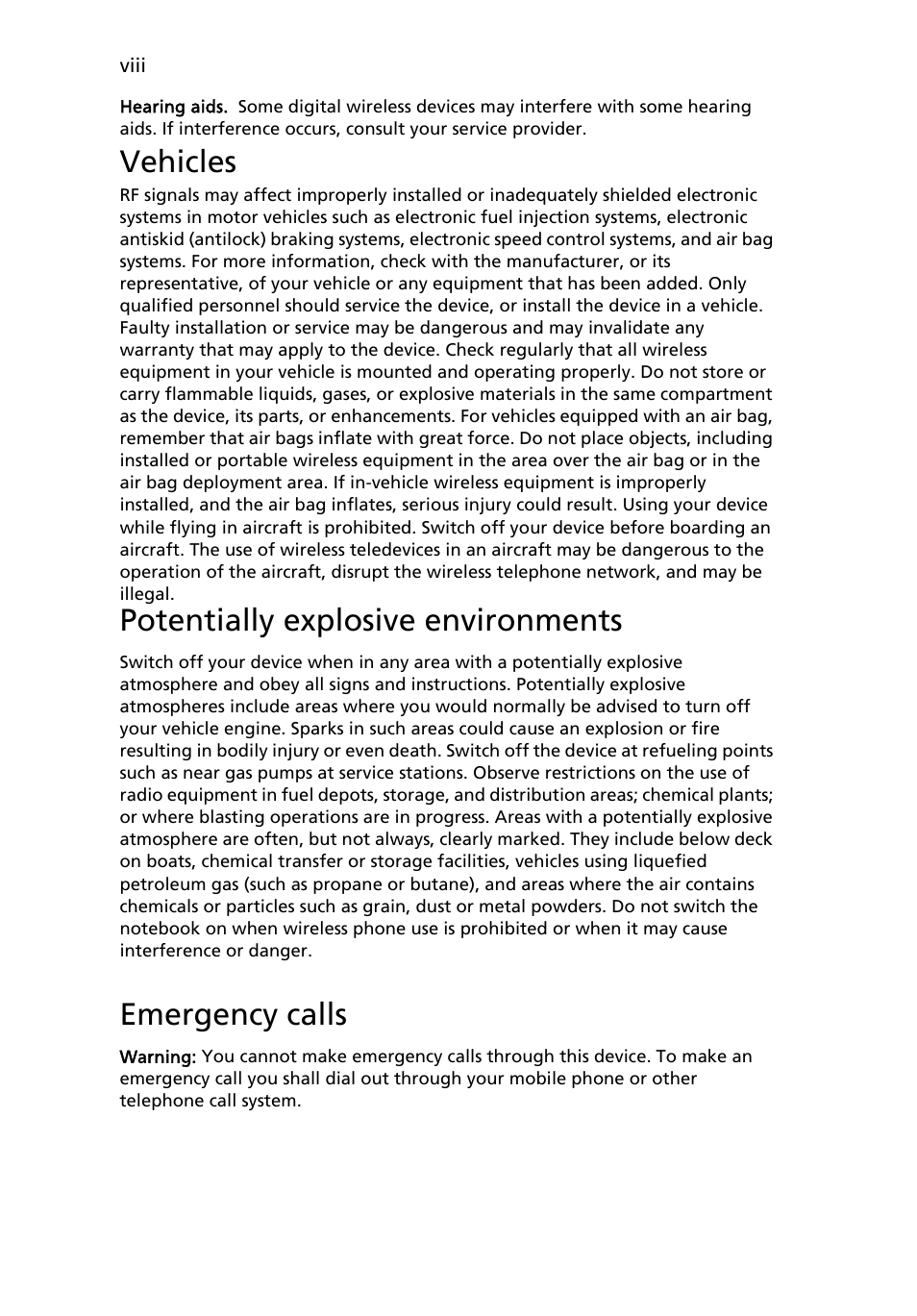 Vehicles, Potentially explosive environments, Emergency calls | Acer TravelMate 4335 User Manual | Page 8 / 86