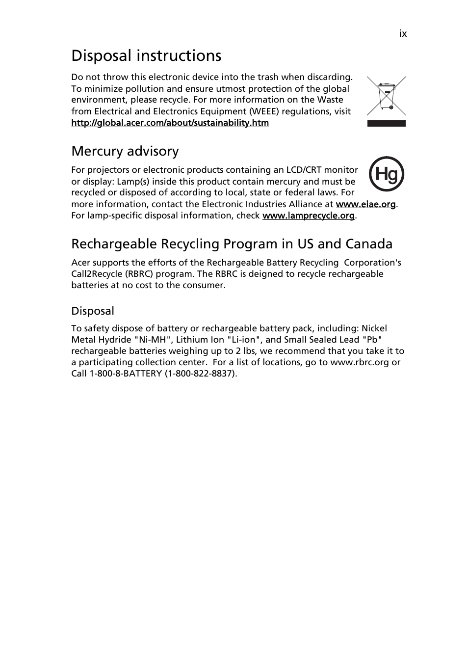 Disposal instructions, Mercury advisory, Rechargeable recycling program in us and canada | Acer TravelMate 4335 User Manual | Page 9 / 86