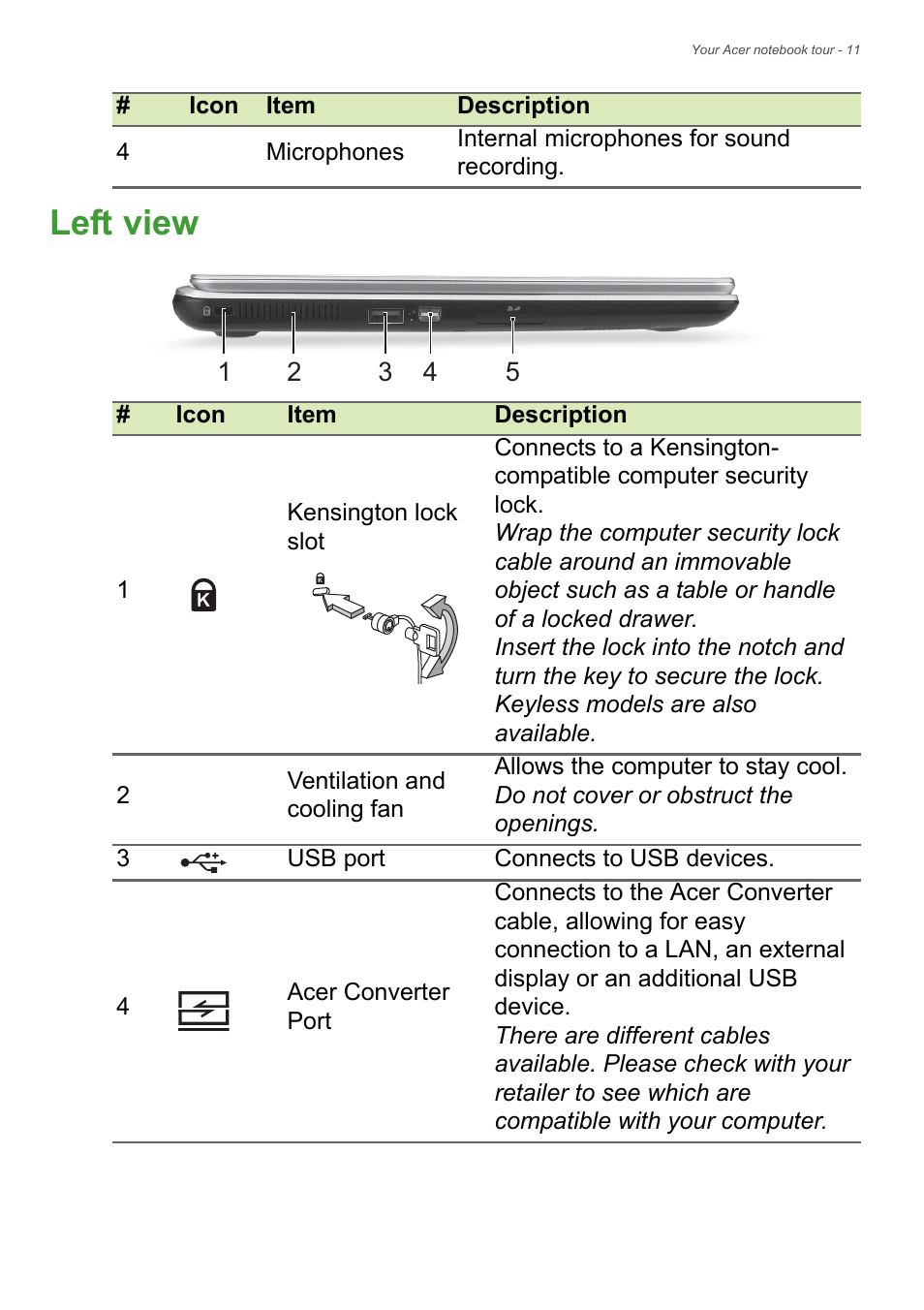 Left view | Acer Aspire V5-132 User Manual | Page 11 / 85