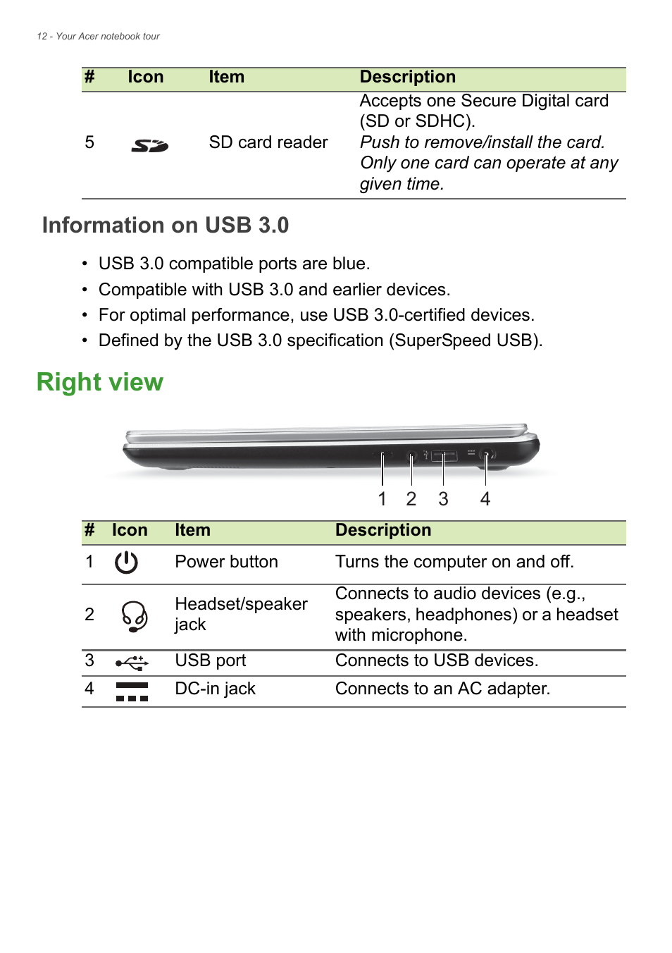Information on usb 3.0, Right view | Acer Aspire V5-132 User Manual | Page 12 / 85