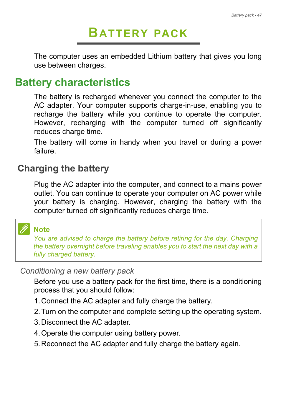 Battery pack, Battery characteristics, Charging the battery | Attery, Pack | Acer Aspire V5-132 User Manual | Page 47 / 85