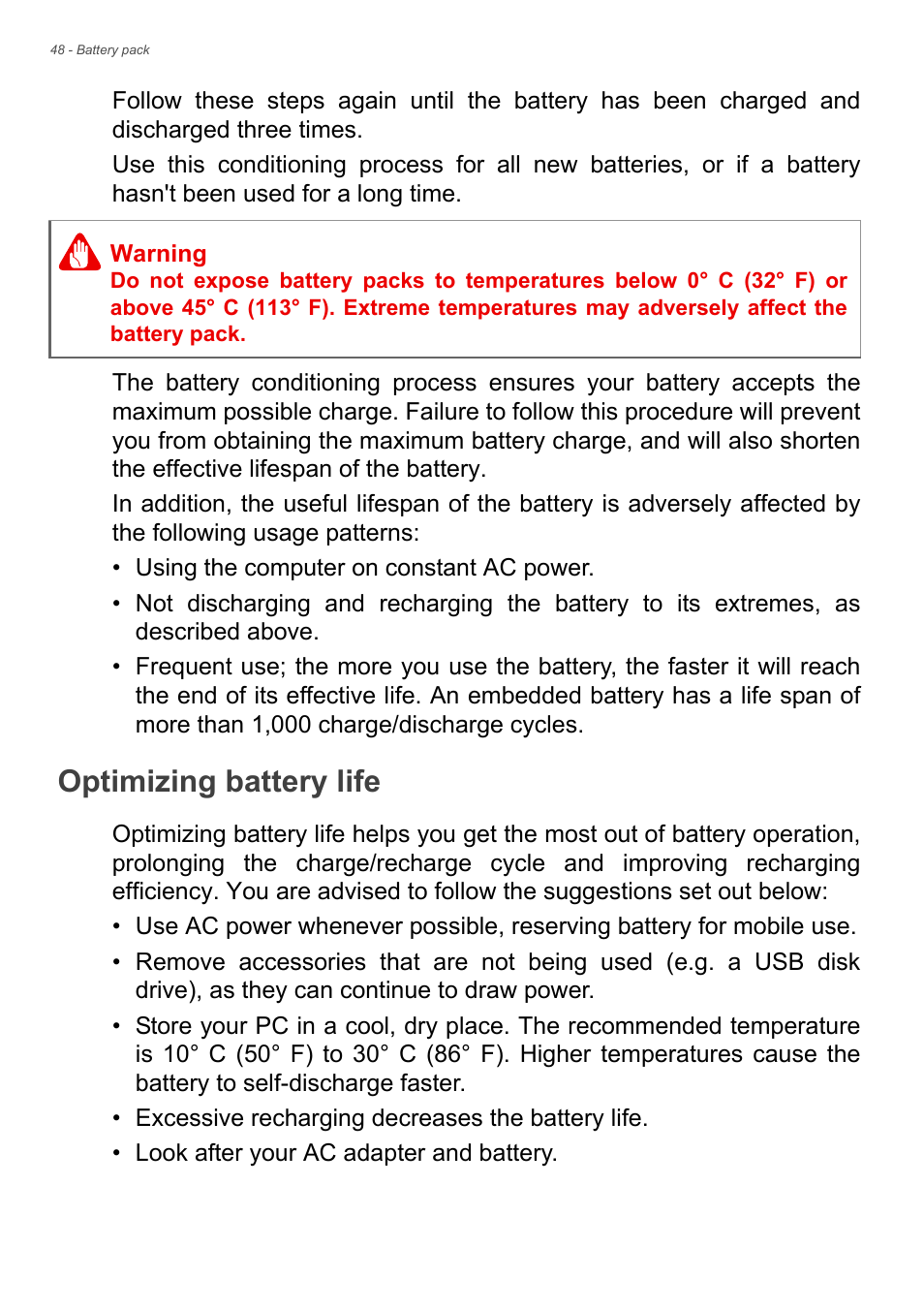 Optimizing battery life | Acer Aspire V5-132 User Manual | Page 48 / 85