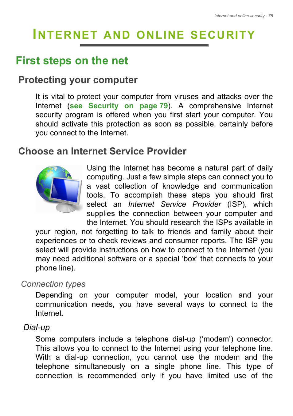 Internet and online security, First steps on the net, Protecting your computer | Choose an internet service provider, Protecting your computer choose an i, Nternet, Online, Security first steps on the net | Acer Aspire V5-132 User Manual | Page 75 / 85