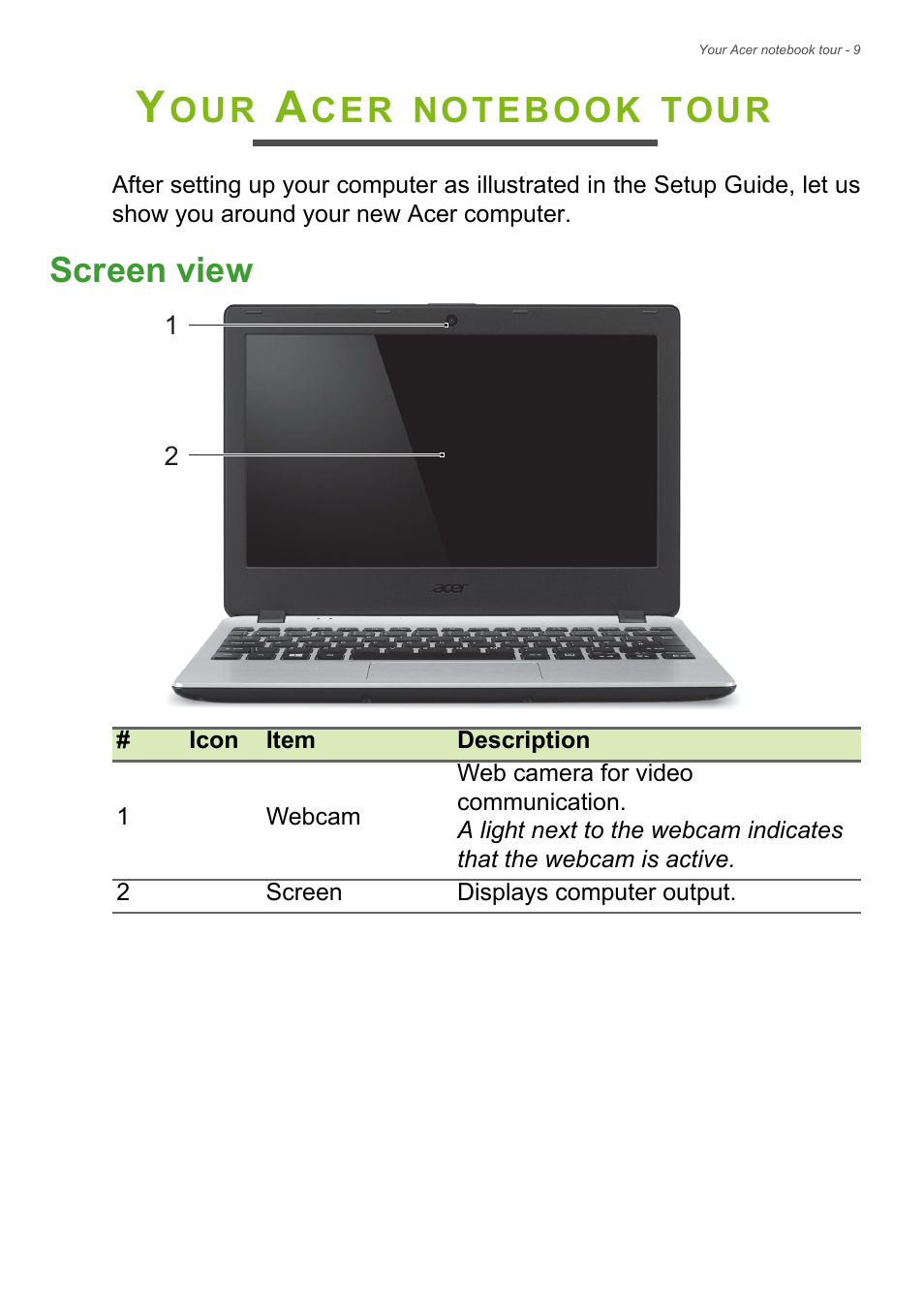 Your acer notebook tour, Screen view, Tour | Acer Aspire V5-132 User Manual | Page 9 / 85