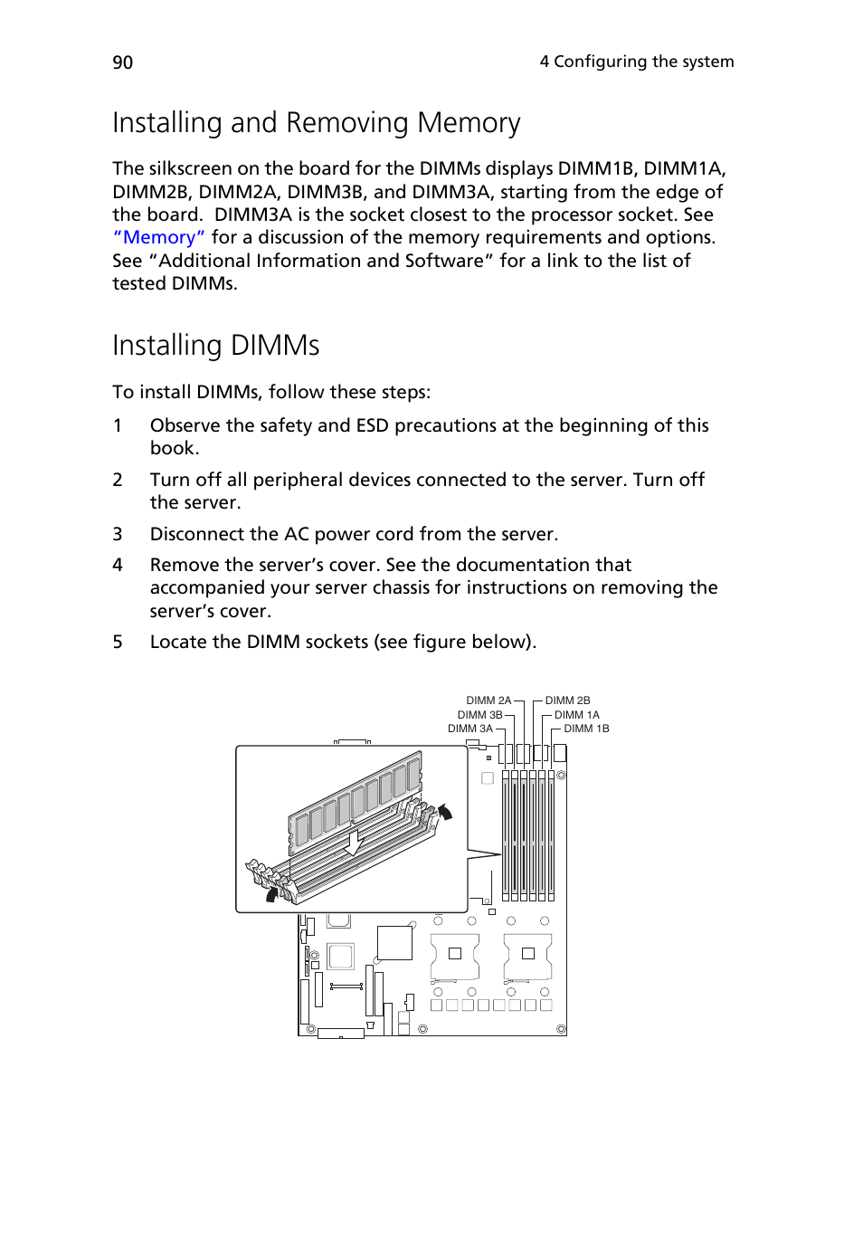 Installing and removing memory, Installing dimms | Acer Altos R510 User Manual | Page 102 / 198