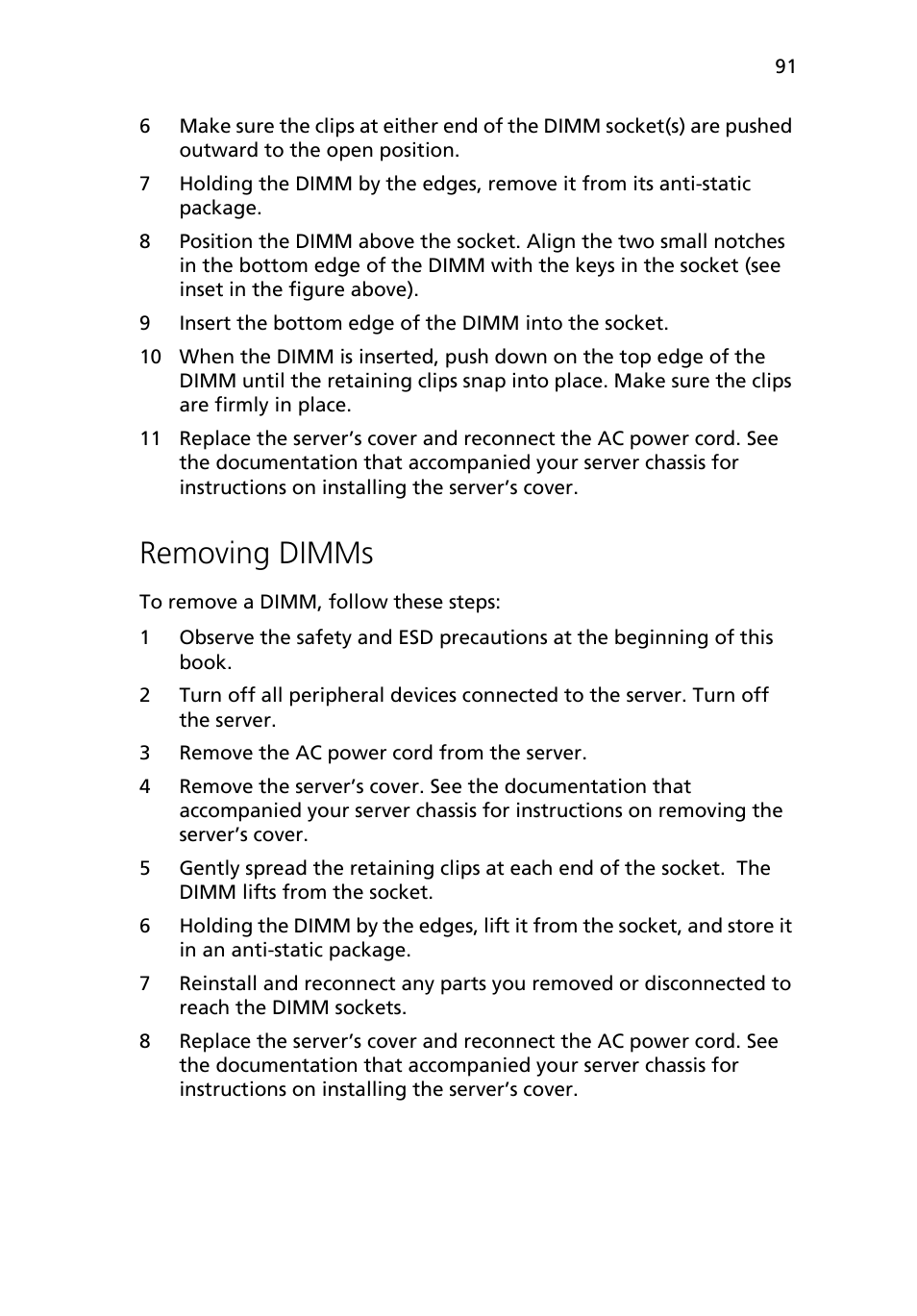 Removing dimms | Acer Altos R510 User Manual | Page 103 / 198