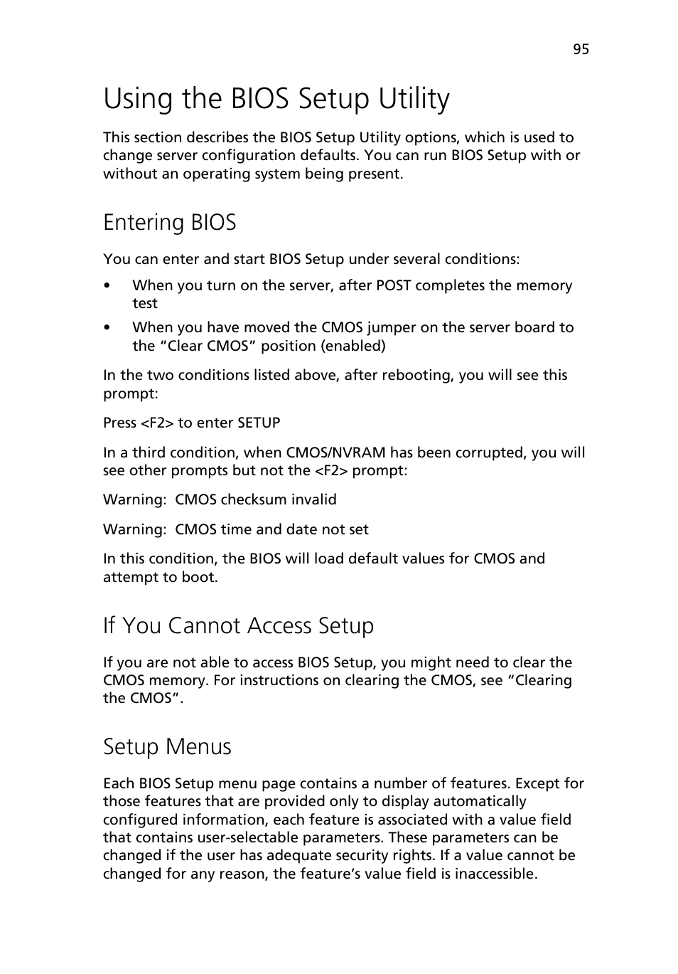 Using the bios setup utility, Entering bios, If you cannot access setup | Setup menus | Acer Altos R510 User Manual | Page 107 / 198