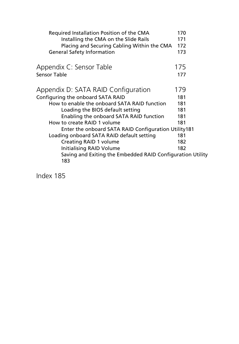 Appendix c: sensor table 175, Appendix d: sata raid configuration 179, Index 185 | Acer Altos R510 User Manual | Page 11 / 198