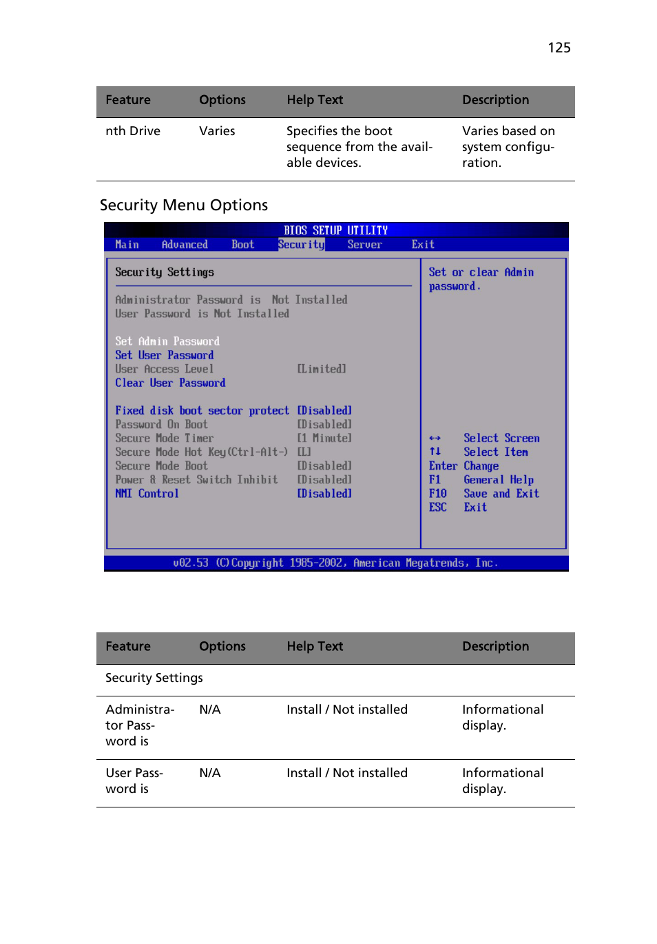 Security menu options | Acer Altos R510 User Manual | Page 137 / 198