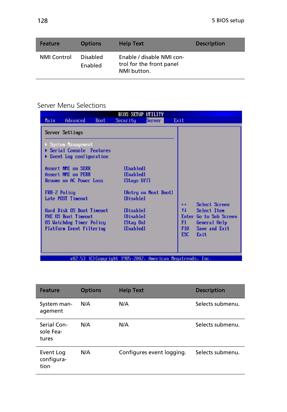 Server menu selections | Acer Altos R510 User Manual | Page 140 / 198