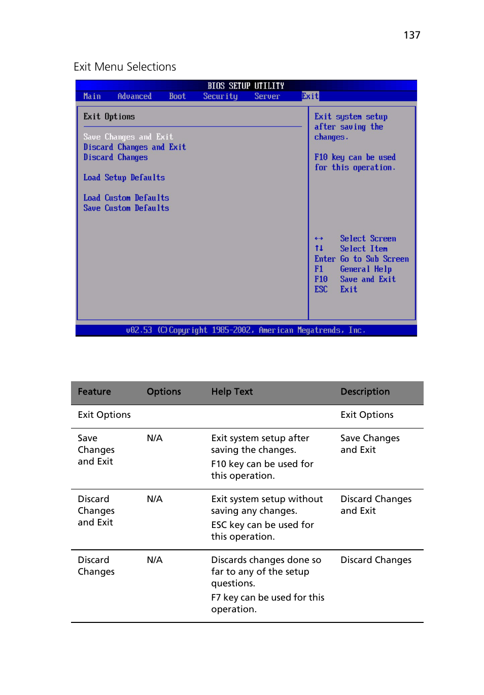 Exit menu selections | Acer Altos R510 User Manual | Page 149 / 198