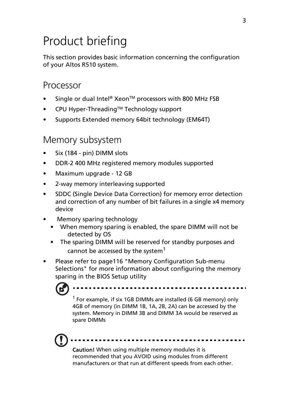 Product briefing, Processor, Memory subsystem | Acer Altos R510 User Manual | Page 15 / 198