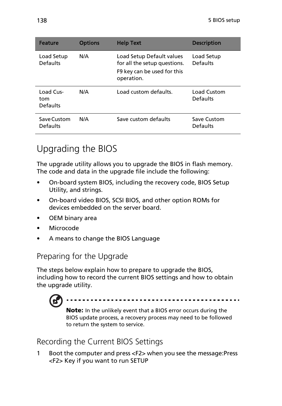 Upgrading the bios, Preparing for the upgrade, Recording the current bios settings | Acer Altos R510 User Manual | Page 150 / 198