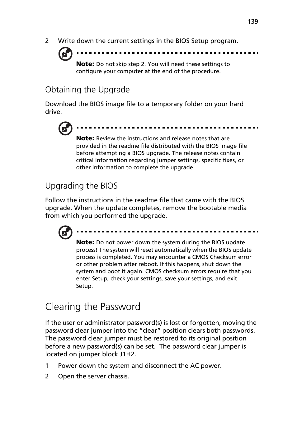 Clearing the password, Obtaining the upgrade, Upgrading the bios | Acer Altos R510 User Manual | Page 151 / 198