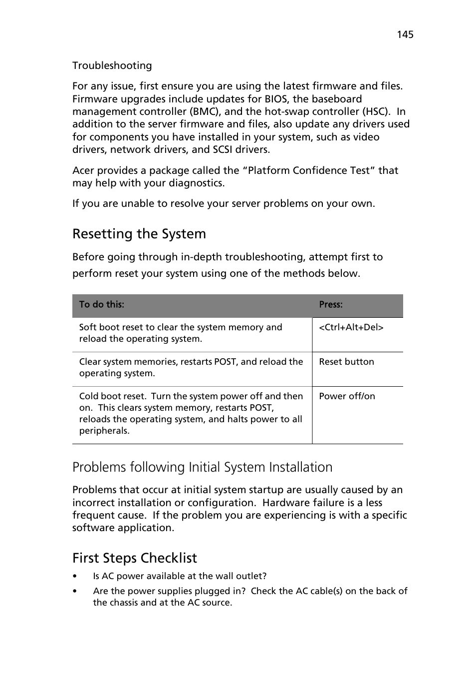 Resetting the system, Problems following initial system installation, First steps checklist | Acer Altos R510 User Manual | Page 157 / 198