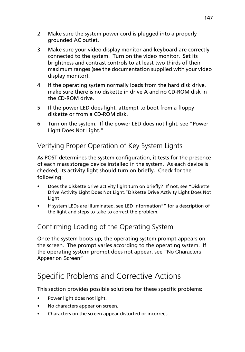 Specific problems and corrective actions, Verifying proper operation of key system lights, Confirming loading of the operating system | Acer Altos R510 User Manual | Page 159 / 198