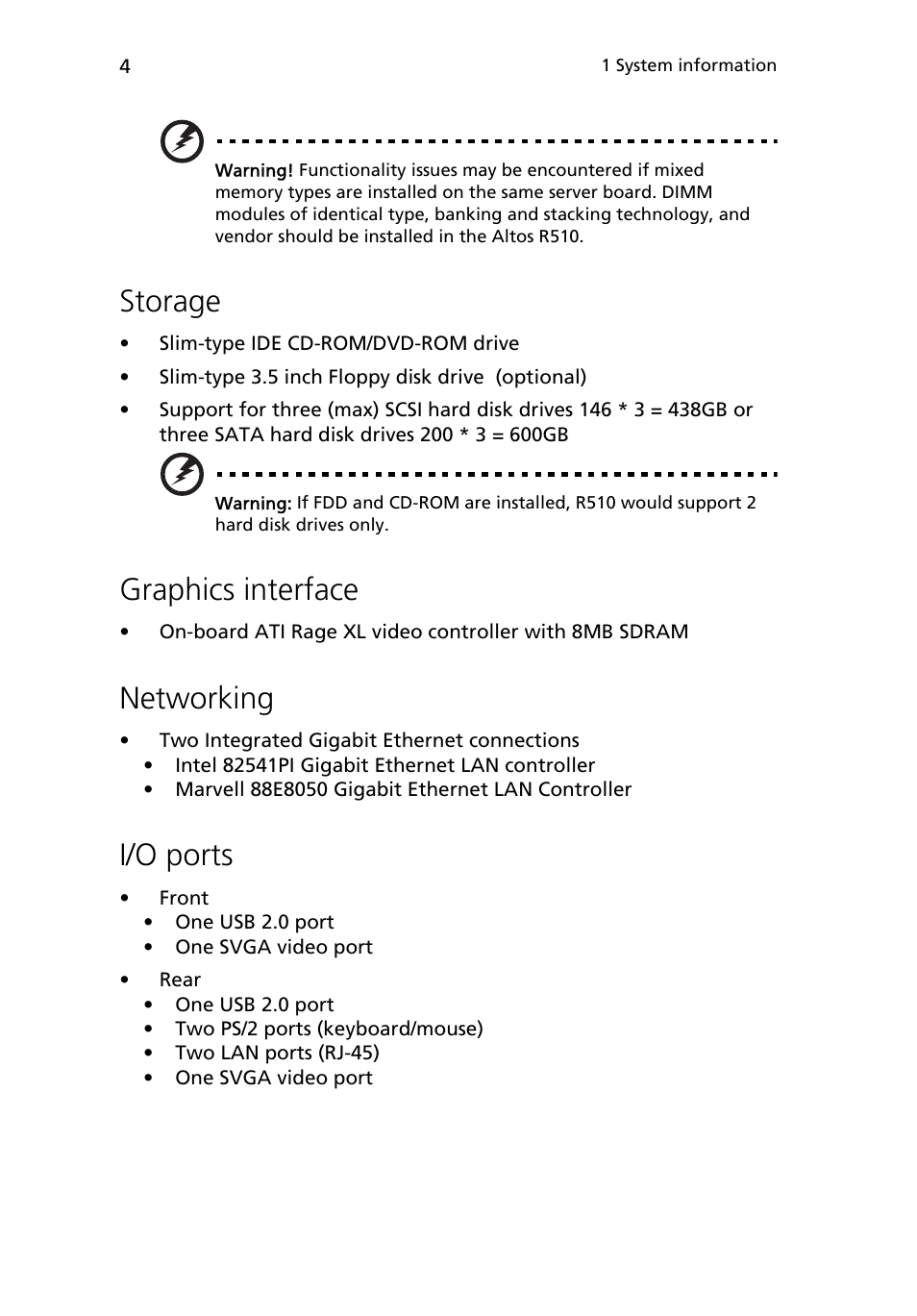 Storage, Graphics interface, Networking | I/o ports | Acer Altos R510 User Manual | Page 16 / 198