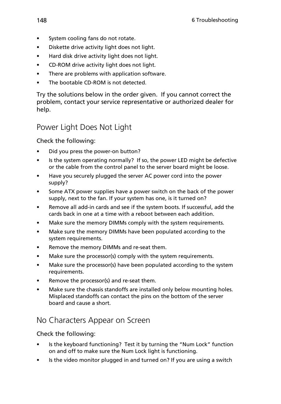 Power light does not light, No characters appear on screen, Ee “no characters appear on screen | Acer Altos R510 User Manual | Page 160 / 198