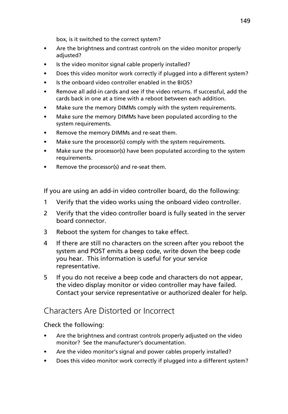 Characters are distorted or incorrect | Acer Altos R510 User Manual | Page 161 / 198