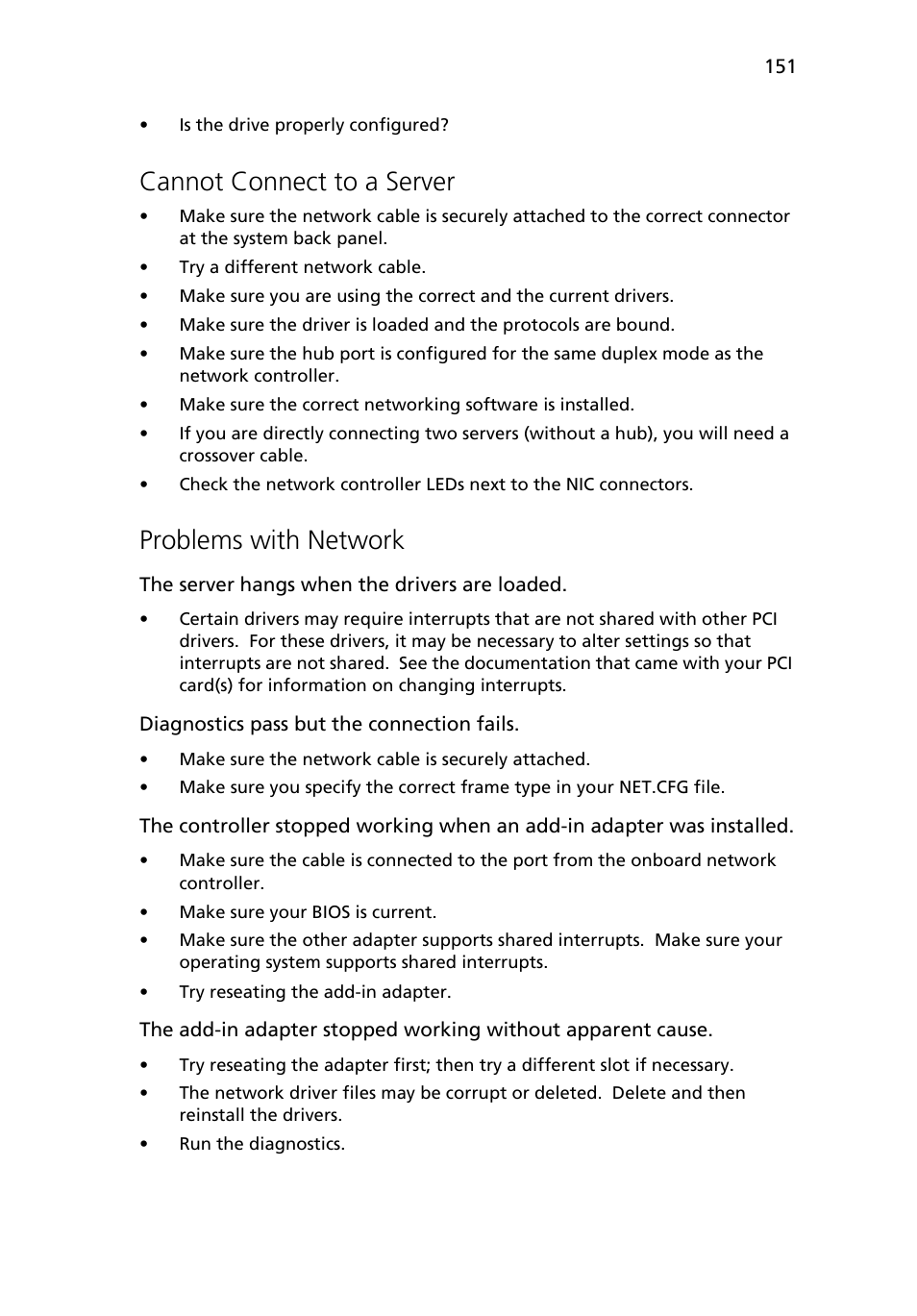 Cannot connect to a server, Problems with network | Acer Altos R510 User Manual | Page 163 / 198