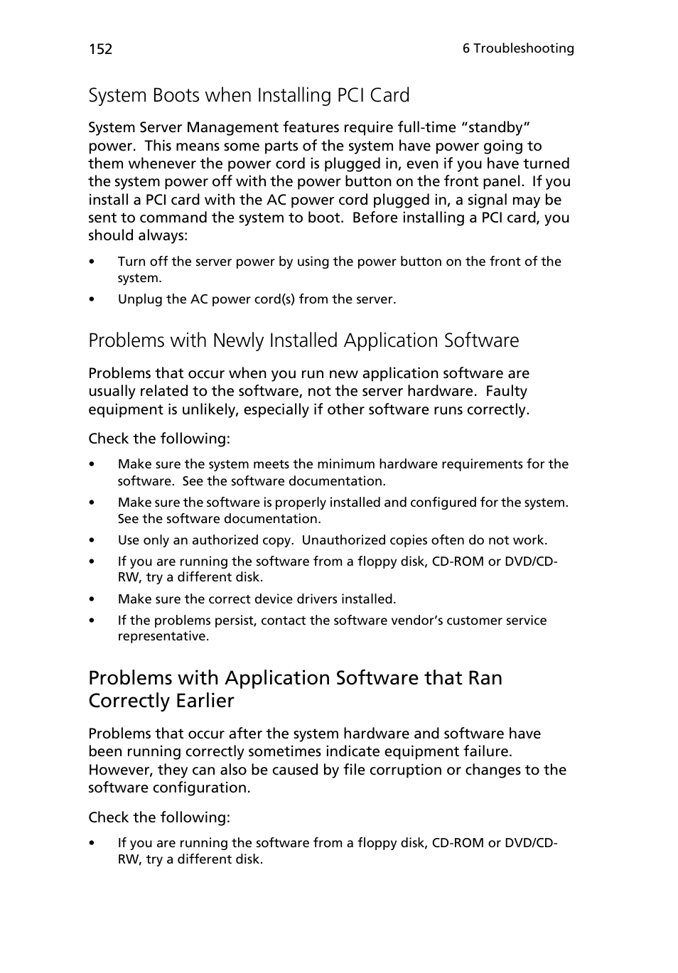 System boots when installing pci card, Problems with newly installed application software | Acer Altos R510 User Manual | Page 164 / 198