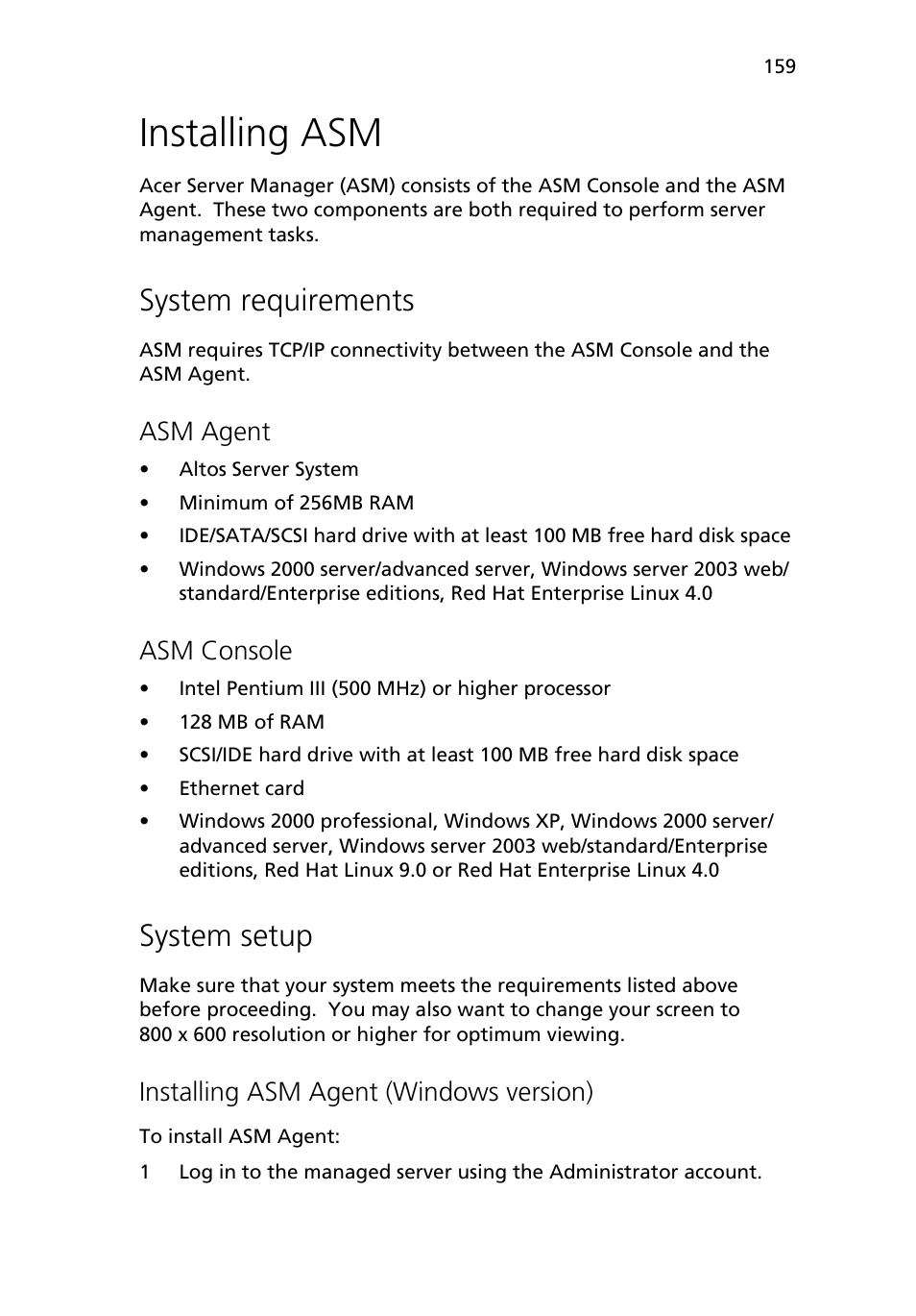 Installing asm, System requirements, System setup | Asm agent, Asm console, Installing asm agent (windows version) | Acer Altos R510 User Manual | Page 171 / 198