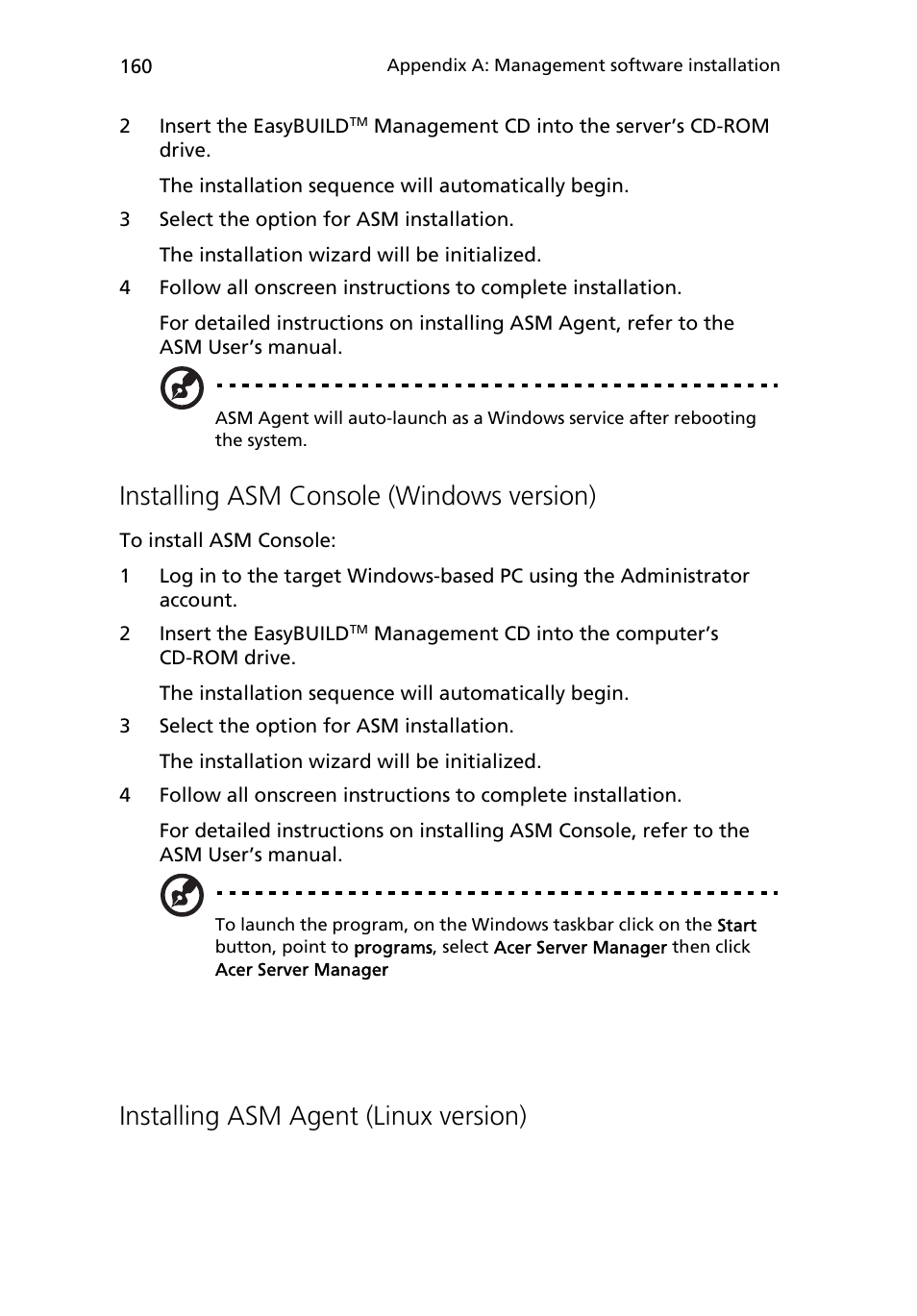 Installing asm console (windows version), Installing asm agent (linux version) | Acer Altos R510 User Manual | Page 172 / 198