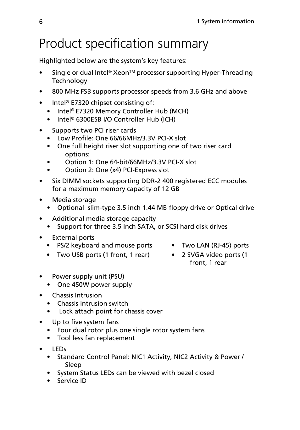 Product specification summary | Acer Altos R510 User Manual | Page 18 / 198