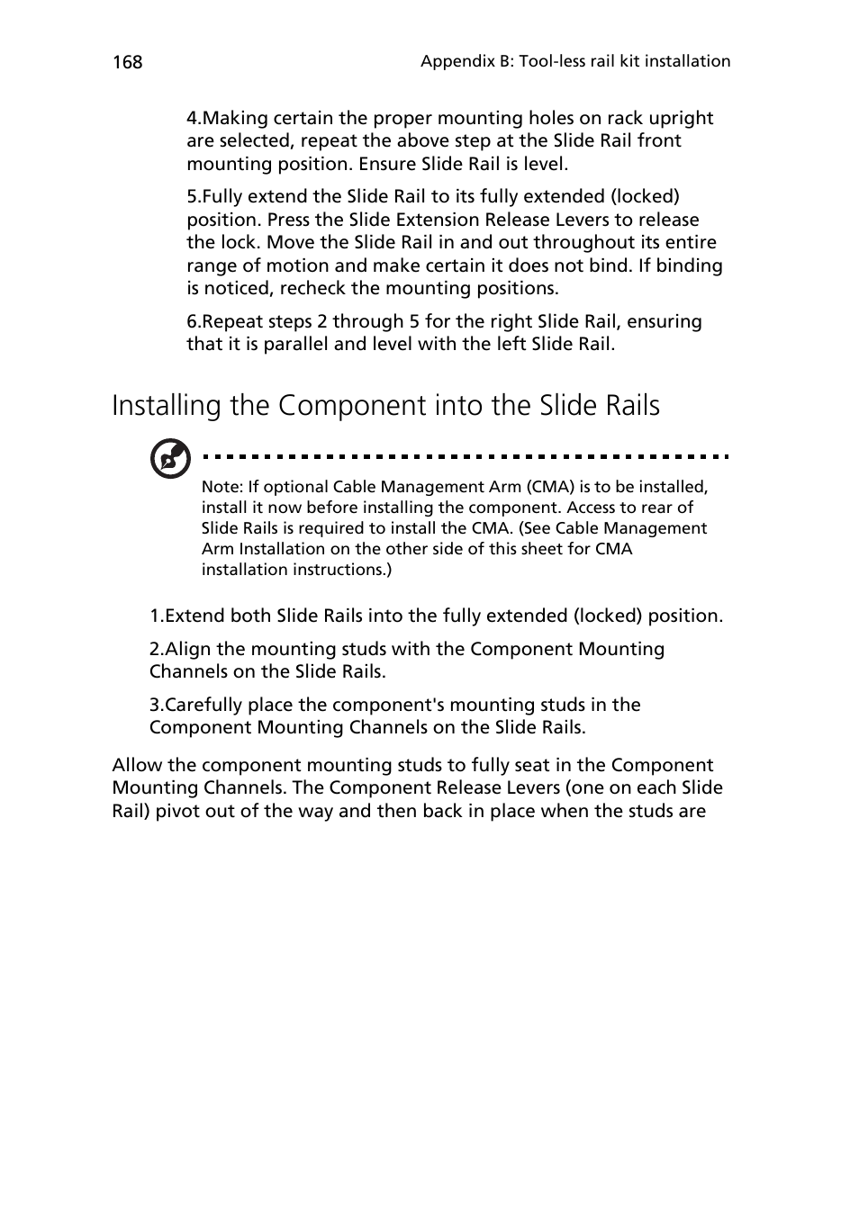 Installing the component into the slide rails | Acer Altos R510 User Manual | Page 180 / 198