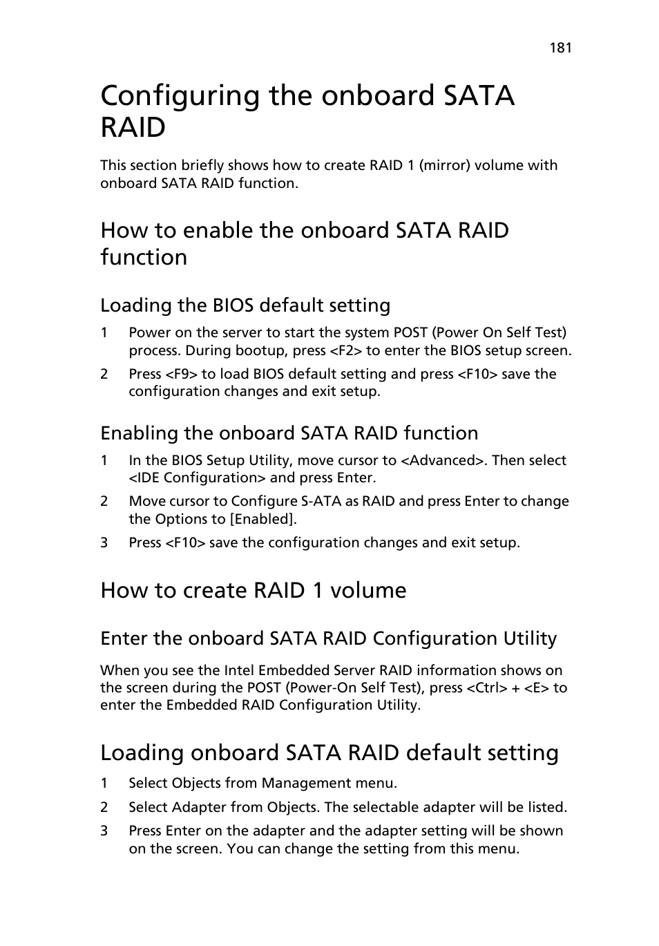 Configuring the onboard sata raid, How to enable the onboard sata raid function, How to create raid 1 volume | Loading onboard sata raid default setting, Loading the bios default setting, Enabling the onboard sata raid function | Acer Altos R510 User Manual | Page 193 / 198